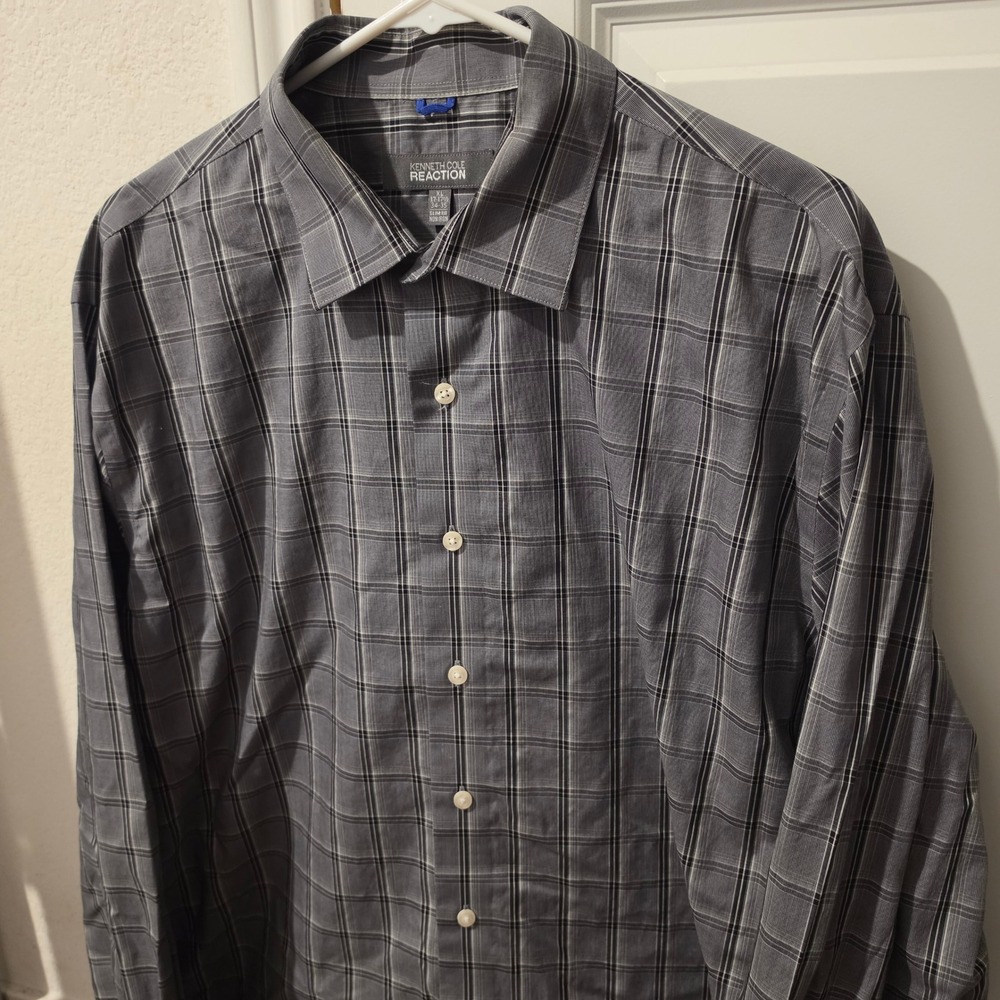 Kenneth Cole Reaction Mens XL Slim Fit Grey Plaid Non Iron Button Down Shirt